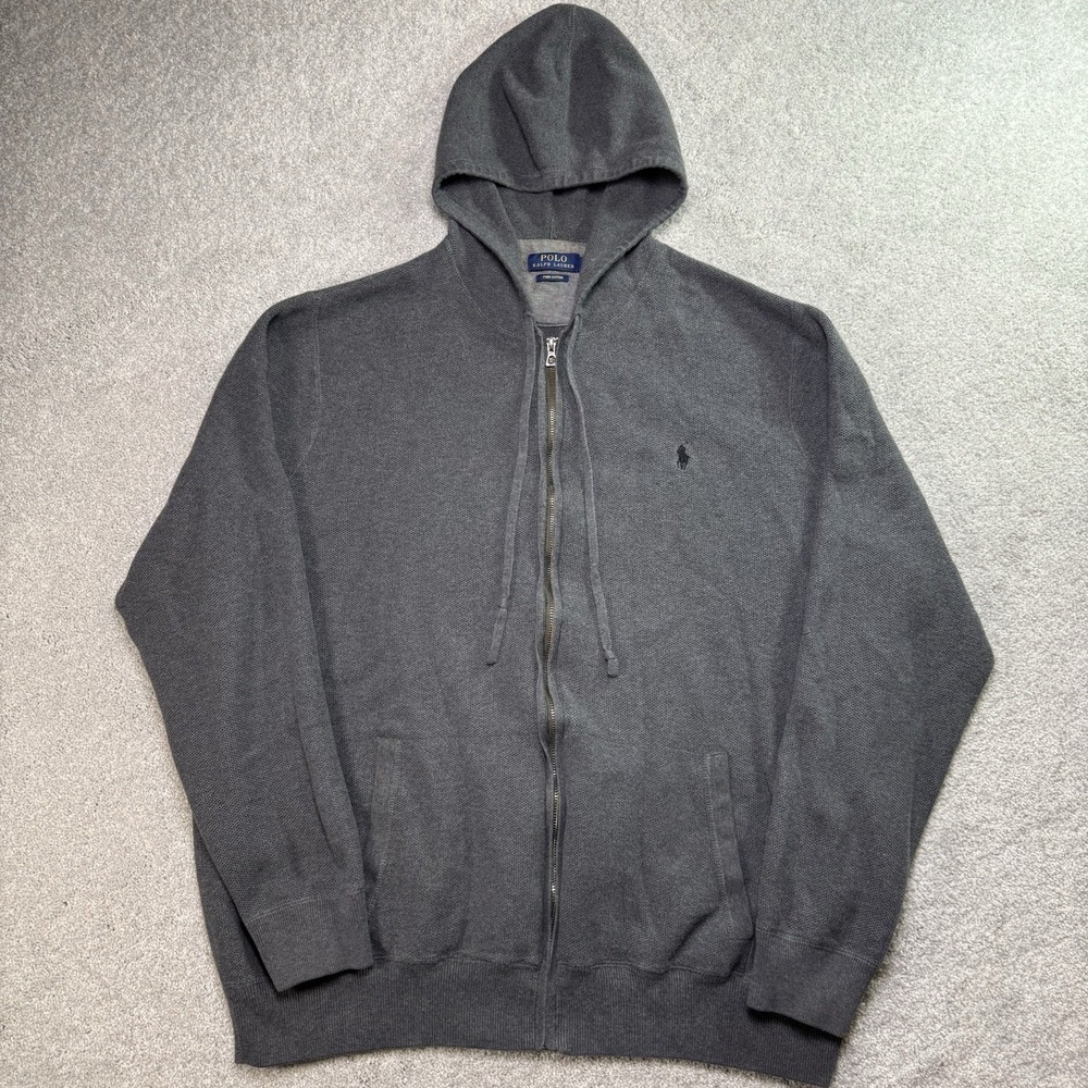 ⁠Polo Ralph Lauren Mens 3XLT Full Zip Knit Hoodie Gray Pima Cotton Sweater Tall
